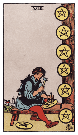 Eight of Pentacles tarot card (reversed)