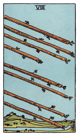 Eight of Wands tarot card (reversed)
