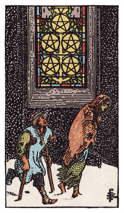 Five of Pentacles tarot card (reversed)