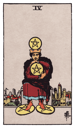 Four of Pentacles tarot card (reversed)