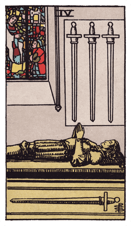 Four of Swords tarot card (reversed)