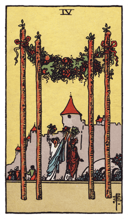 Four of Wands tarot card (reversed)