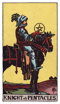 Knight of Pentacles tarot card (reversed)