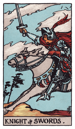 Knight of Swords tarot card (reversed)