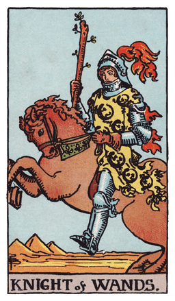 Knight of Wands tarot card (reversed)
