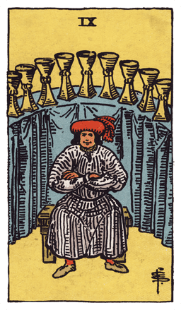 Nine of Cups tarot card (reversed)