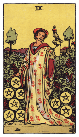 Nine of Pentacles tarot card (reversed)
