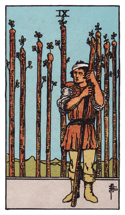 Nine of Wands tarot card (reversed)