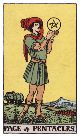Page of Pentacles tarot card (reversed)
