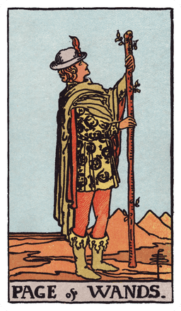Page of Wands tarot card (reversed)