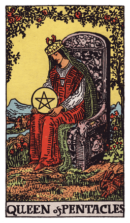 Queen of Pentacles tarot card (reversed)