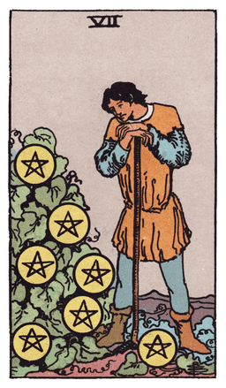Seven of Pentacles tarot card (reversed)