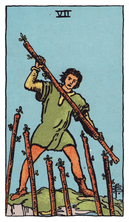 Seven of Wands tarot card (reversed)