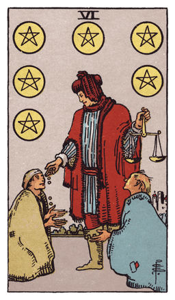 Six of Pentacles tarot card (reversed)