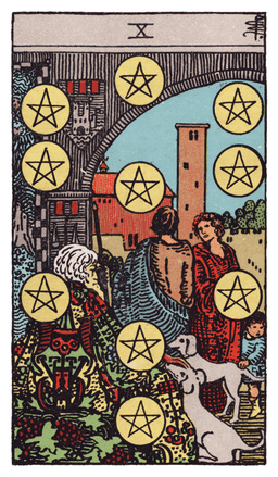 Ten of Pentacles tarot card (reversed)