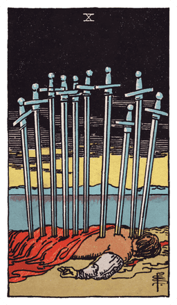 Ten of Swords tarot card (reversed)