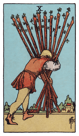 Ten of Wands tarot card (reversed)