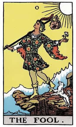 The Fool tarot card (reversed)