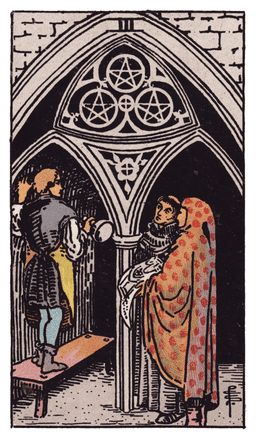 Three of Pentacles tarot card (reversed)