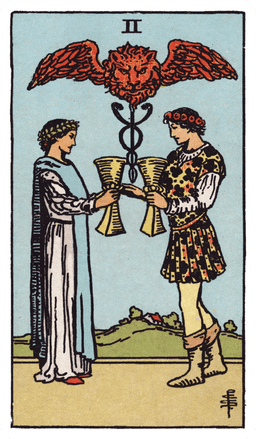 Two of Cups tarot card (reversed)