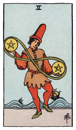 Two of Pentacles tarot card (reversed)