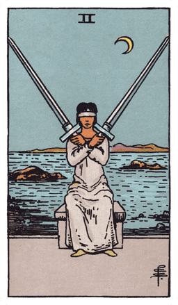 Two of Swords tarot card (reversed)