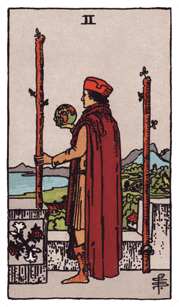 Two of Wands tarot card (reversed)