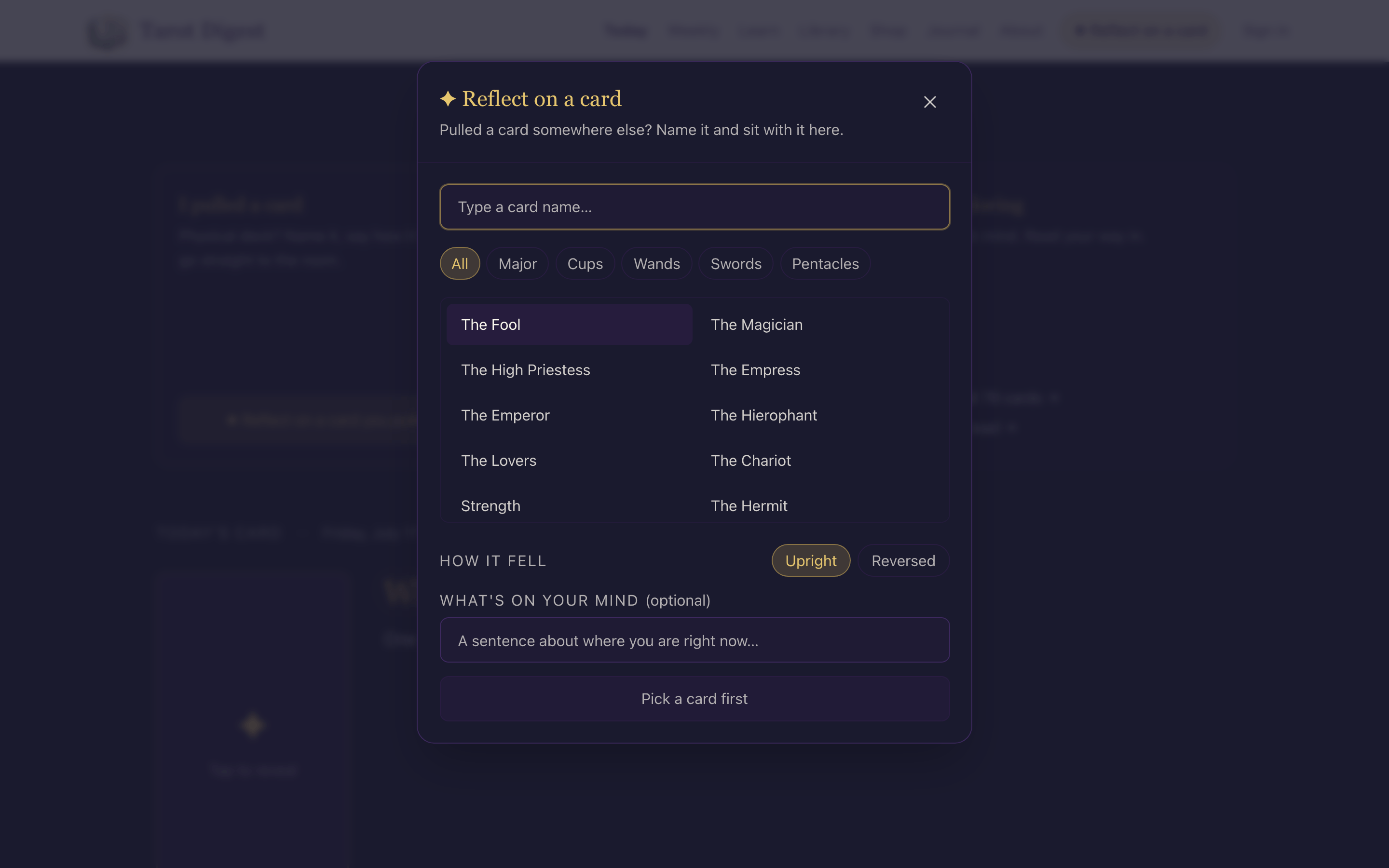 The card picker open, with a field to type a card name, suit filters, and the deck laid out to choose from.