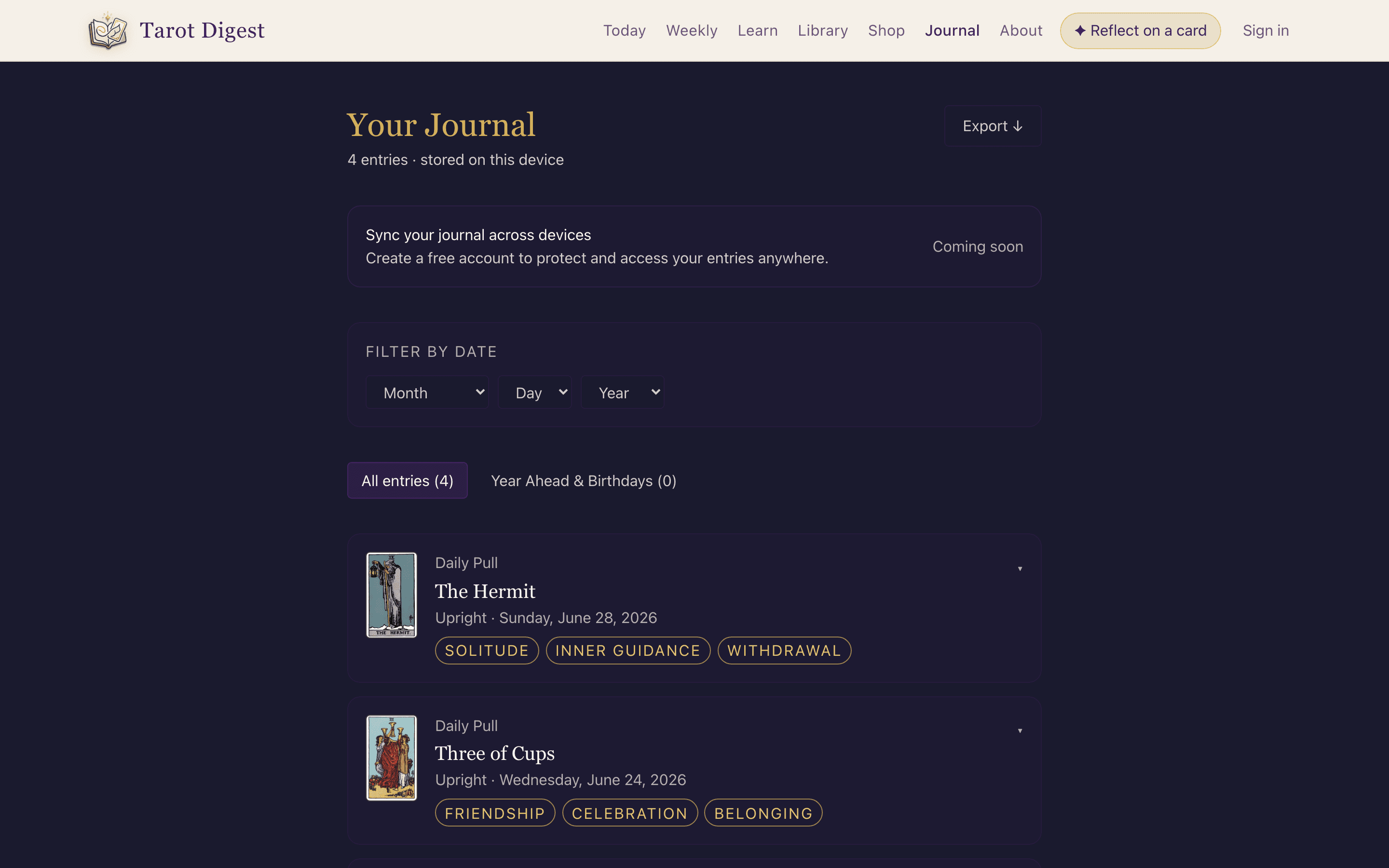 The journal list, showing saved entries with their cards, dates, and keywords.